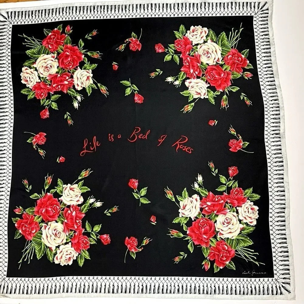 Lulu Guinness Silk Scarf “Life is a Bed of Roses” Black Floral Print Hand Rolled